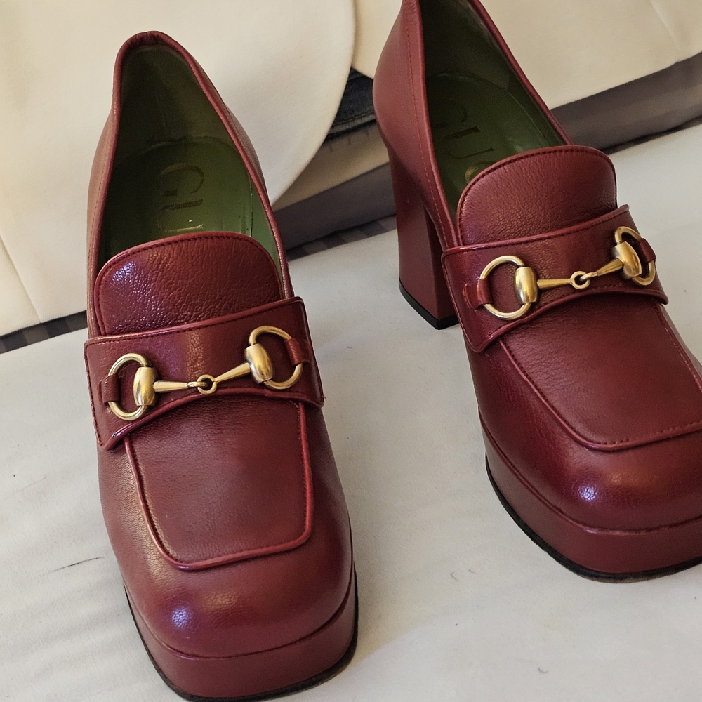 Women's Burgundy Leather Platform Loafers with Gold Bit Hardware